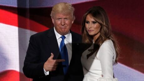 Republican U.S. presidential candidate Donald Trump gestures at his wife Melania after she concluded her remarks at the Republican National Convention in Cleveland, Ohio, U.S. July 18, 2016. REUTERS/Mike Segar - RTSIMCP USA-ELECTION/REPUBLICANS