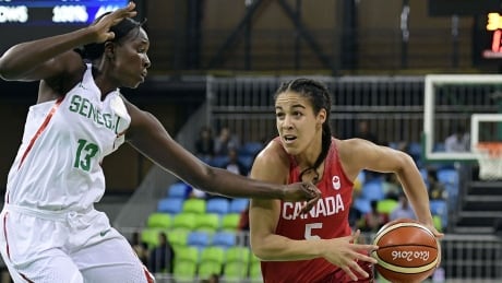 Canada's Kia Nurse, right, drives to the basket during the team's game against Senegal on Wednesday. Kia-Nurse-Canada-Senegal-Basketball