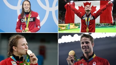 Clockwise from top left, Penny Oleksiak, Rosie MacLennan, Derek Drouin, and Erica Wiebe . Penny Oleksiak-Rosie MacLennan-Derek Drouin-Erica Wiebe