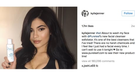 An example of a paid celebrity endorsement flagged as such through the hash tag #ad on the Instagram of reality TV star Kylie Jenner. The celebrity members of the Jenner/Kardashian clan are paid thousands of dollars for their tweets and posts endorsing certain products or companies. celebrity-endorsement-kylie-jenner