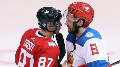 Team Canada's Sidney Crosby shakes hands with Russia's Alex Ovechkin after the Canadians won Saturday's semifinal at the World Cup of Hockey. crosby-ovechkin