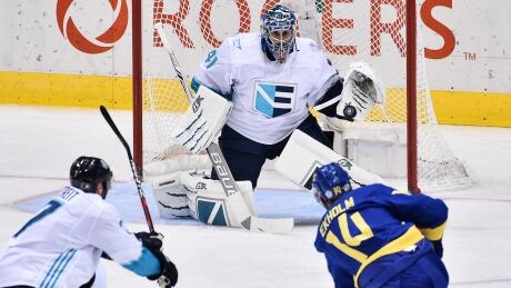 Goaltender Jaroslav Halak, centre, has been one of the pivotal members of Team Europe. Jaroslav Halak Team Europe