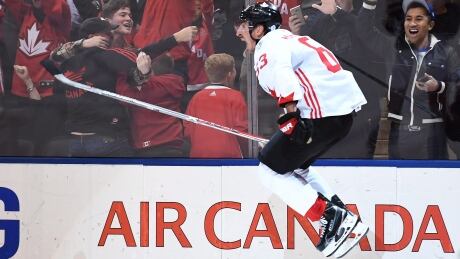 Canada's Brad Marchand celebrates his game winning goal during against Europe in Thursday's 2-1 victory. The goal gave Canada the World Cup of Hockey title. marchand-brad