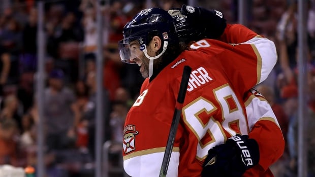 Jaromir Jagr celebrates after scoring his 750th career goal on Thursday.