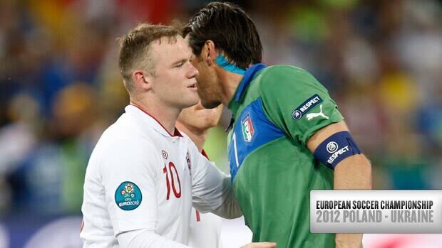 England’s Wayne Rooney, left, congratulates Italy goalkeeper Gianluigi Buffon, right, after the Italians won their quarter-final matchup Sunday in Kiev.