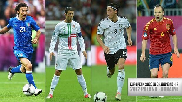 Left to right, Andrea Pirlo of Italy, Cristiano Ronaldo of Portugal, Mesut Ozil of Germany and Andres Iniesta of Spain will try to lead their teams into the Euro final.