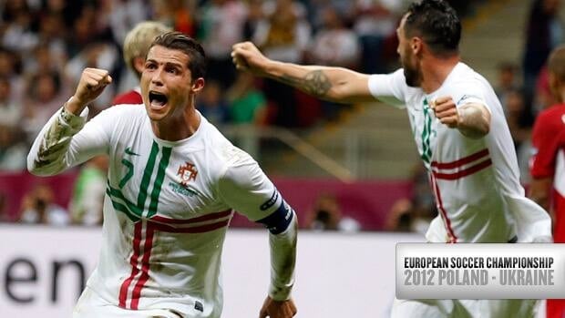 Portugal forward Cristiano Ronaldo, left, celebrates his goal against the Czech Republic on Thursday at the European championship in Warsaw.