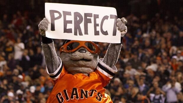 The San Francisco Giants mascot Lou Seal celebrates after Matt Cain's perfect game against the Houston Astros at AT&T Park on Thursday in San Francisco, California.