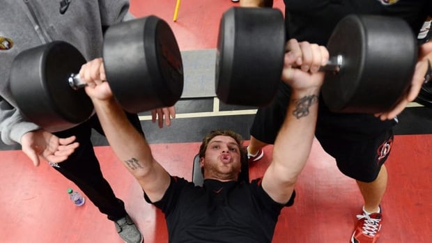 Ottawa Senators' Bobby Ryan takes part in physical fitness testing on the first day of training camp in Ottawa on Wednesday. Ryan's new teammates Marc Methot, Matt Kassian and Erik Karlsson all posted their thoughts about the day on Twitter.