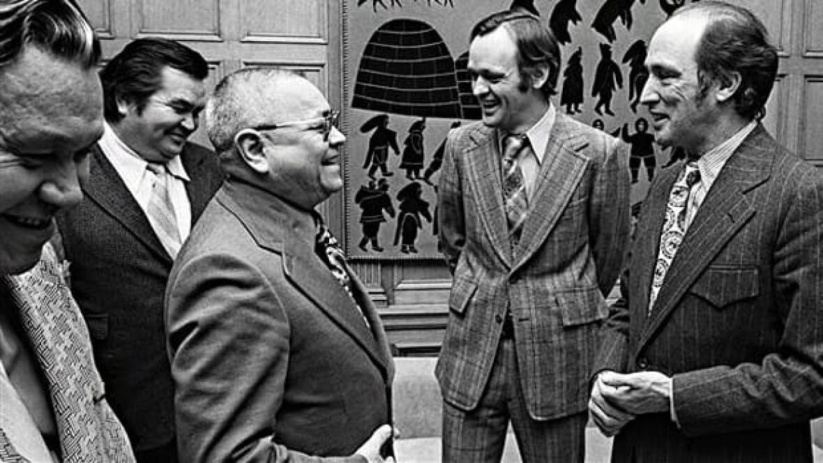 A Nisga'a man shaking the Prime Minister's hand, Pierre Trudeau. 