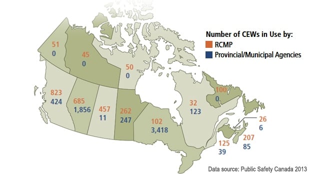 Stun gun use by police forces across Canada