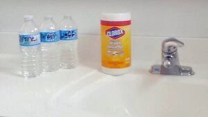 water bottles by sink