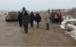 Little Pine meets walkers on the road