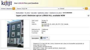 Kijiji ad 73 Long's Hill St. John's CBC