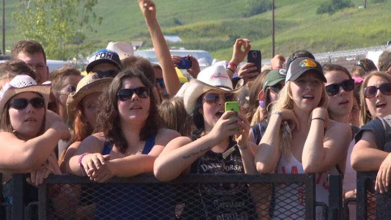 Fans stand in front of a gate, listening to a concert.
