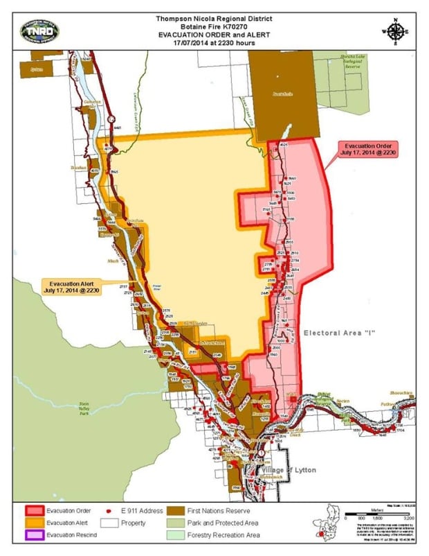 Botanie Road wildfire evacuation map