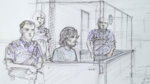 Artist's sketch of Justin Bourque in Moncton court on July 31
