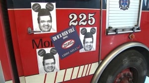 Libre Nego stickers on fire truck pension reform