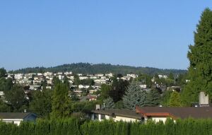 Parkcrest, Burnaby, British Columbia, with Burnaby Mountain in the distance