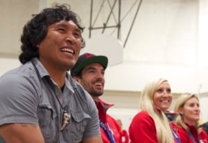 Johnny Issaluk, Charles Hamelin, Kaillie Humphries and Hayley Wickenheiser