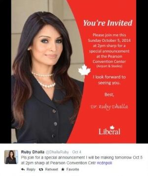 Former Liberal MP Ruby Dhalla