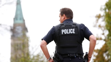 A police officer stands guard with the Peace Tower in the background. The Parliamentary Protective Service apprehended a male for carrying a concealed knife outside of Centre Block. The subject is in custody and the investigation is ongoing. Ottawa