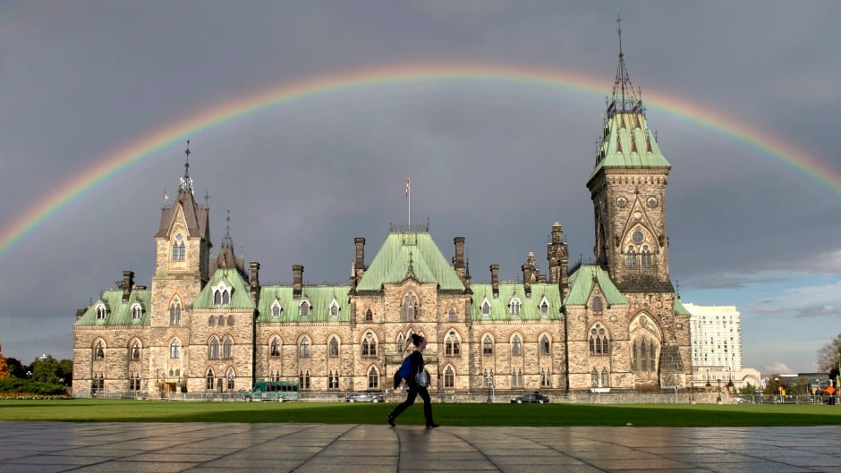 A woman walks on Parliament Hill as a rainbow arches over the East Block in October.