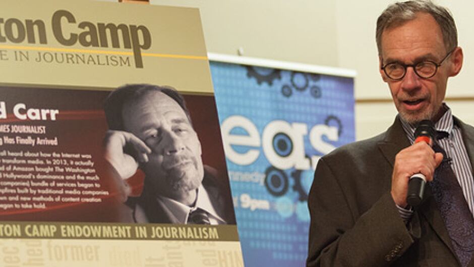 David Carr, delivering the 2013 Dalton Camp Lecture in Journalism. Photo credit: St. Thomas University.