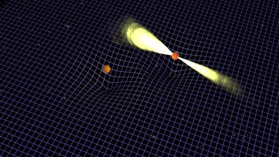 Two ultra-dense stars, one a pulsar, orbiting each other and distorting space time.