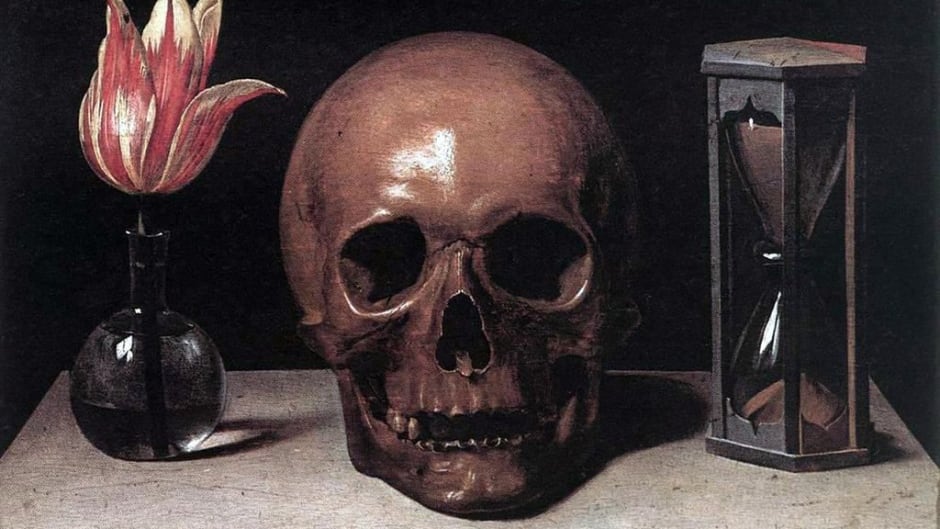 "Still Life with Skull", a flower, a skull and an hourglass stand for Life, Death and Time in this 17th-century painting by Philippe de Champaigne.