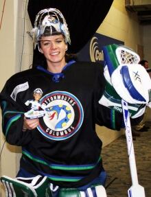 Shannon Szabados with bobblehead