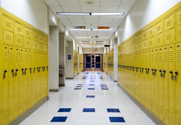 High school school hallway lockers stock