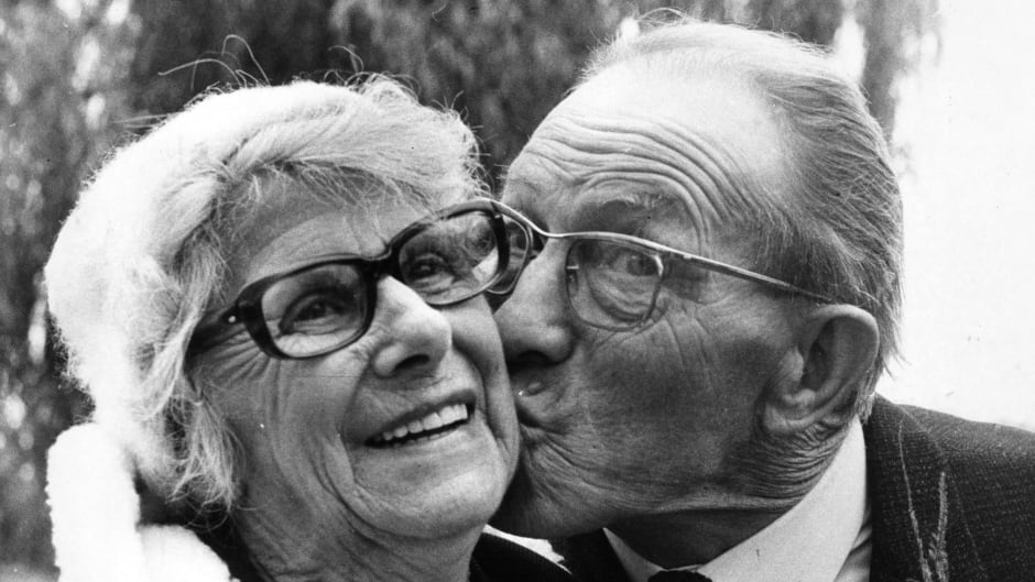 1st November 1974: Mr Francis Gainsbury (aged 68) and his wife (aged 74) outside outside Barking Registry Office after their second marriage ceremony together. They were married for the first time 28 years ago. (Photo by Ron Henbury/Evening Standard/Getty Images)