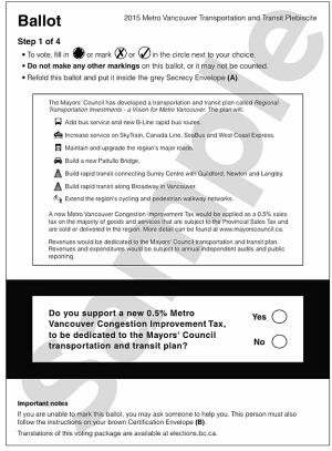 Sample ballot for the Metro Vancouver transit plebiscite