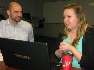 Justin St-Maurice instructs student Heidi Evans at Conestoga College