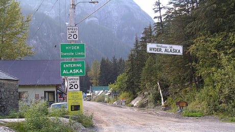 This photo shows the entrance to Hyder, a tiny town of about 100 people in southeastern Alaska. Residents there rely on a small road linking their town to Stewart, B.C. for emergency medical services and mainland road access. Hyder, Alaska