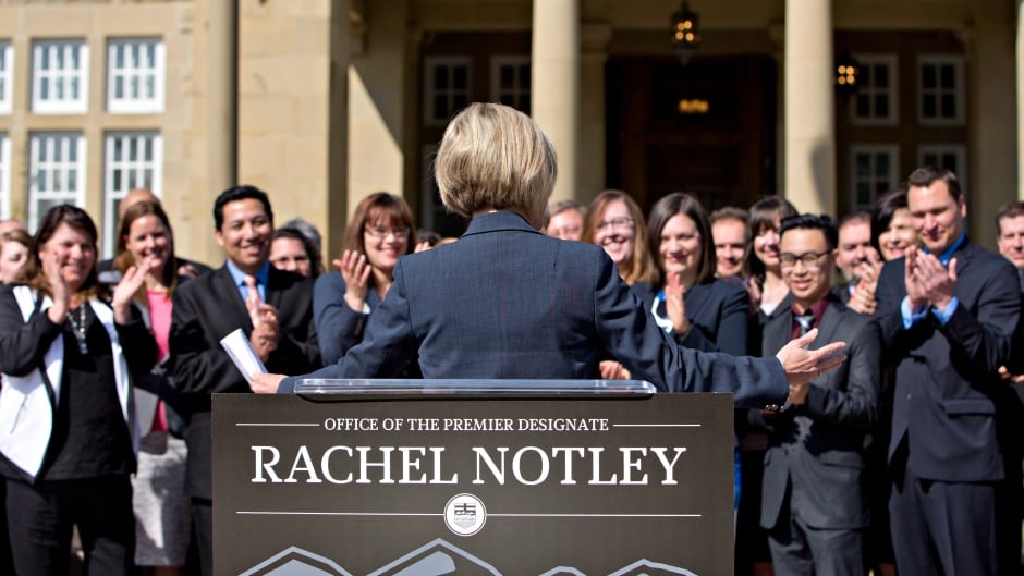 Alberta premier-designate Rachel Notley with her caucus.