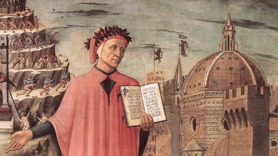 Dante, poised between the mountain of purgatory and the city of Florence, displays the incipit Nel mezzo del cammin di nostra vita in a detail of Domenico di Michelino's painting, Florence, 1465.