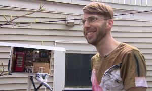 Elling Lien talking about Junco's Pub, set up in his back yard