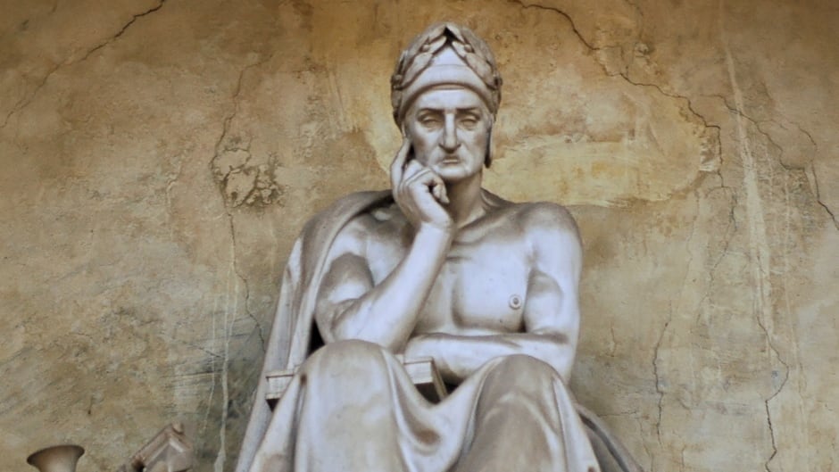 Detail of Dante's cenotaph (1830) in the Basilica of Santa Croce, Florence.