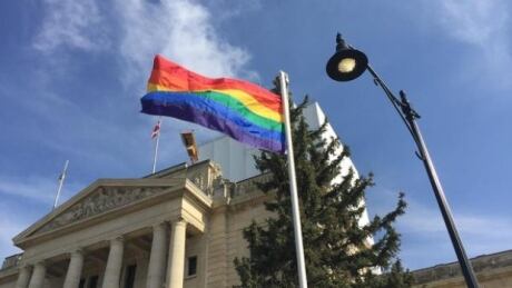 On June 1, people gathered at the Saskatchewan Legislature for the raising of a rainbow flag, to mark the start of Pride Month. rainbow flag