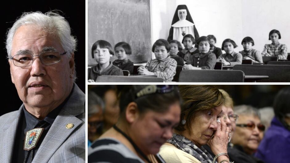 From left, clockwise: Justice Murray Sinclair, a residential school classroom, and residential schools survivors to Truth and Reconciliation recommendations on June 2, 2015.