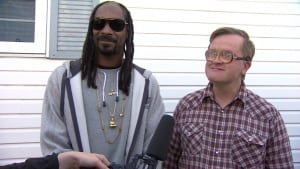 Snoop Dogg with his 'cousin' Bubbles on set Thursday.
