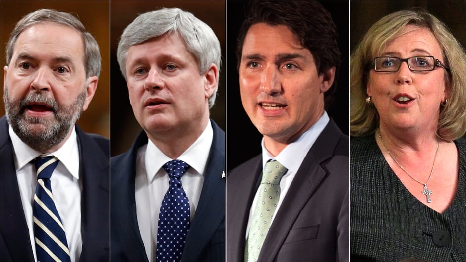 From left, Canadian political party leaders Thomas Mulcair, Stephen Harper, Justin Trudeau and Elizabeth May.