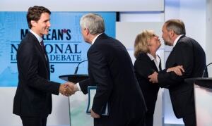 Leaders shake hands after debate