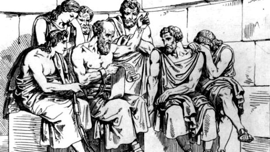 Circa 410 BC, The Greek philosopher Socrates teaches his doctrines to the young Athenians while awaiting his execution.