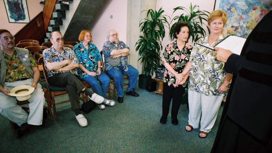 In 2003, before same-sex marriage was legal in the United States, the couple wed at Toronto's City Hall. Author of the 'Game of Thrones' series George R. R. Martin, fourth from the left, was a best man.