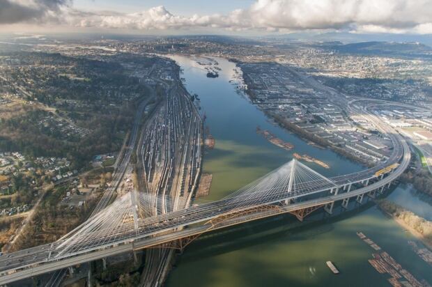 Aerial shot of completed Port Mann Bridge