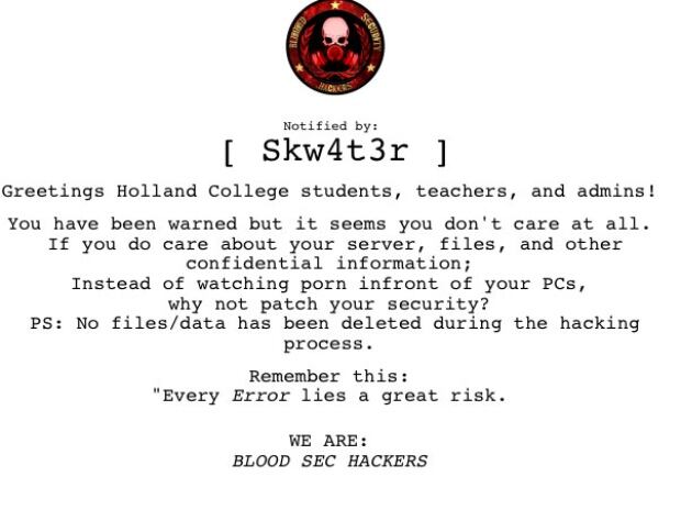Blood Sec Hackers message on Holland College website