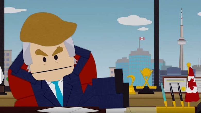 A cartoon of a man in  a suit in the oval office